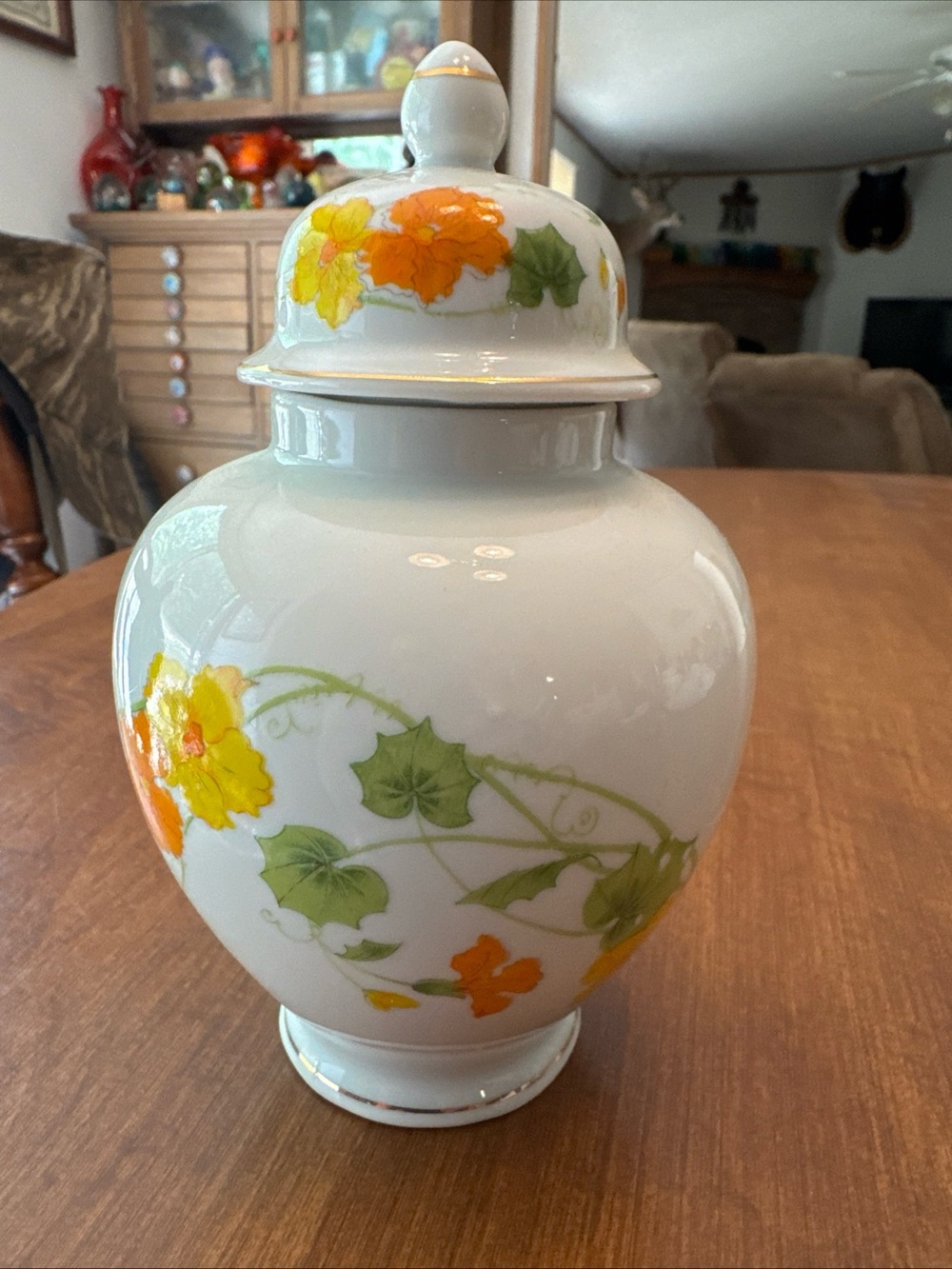 Porcelain Floral Ginger Jar in White with Orange and Green Accents